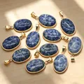 Multiple blue natural stone oval pendants with gold-plated copper bezels for necklaces - Blue Spot Stone Pendant / 1 Piece/Pack / Blue Spotted
