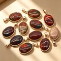 Set of natural oval agate stone pendants with gold-plated copper borders and unique textures - Golden Swan Stone Pendant / 1 Piece/Pack / Dark Reddish Brown