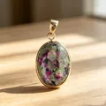 Natural oval ruby in zoisite pendant with gold-plated copper bezel for necklaces - Ruby in Zoisite Pendants / 1 Piece/Pack / Red and Green