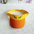 Detailed view of the funny embroidered angry eyes on the yellow sun visor hat. - Angry Little Yellow Duck / Adult Size Hat Circumference 56-60cm