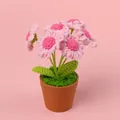Handgehaakte roze bloempotplant met schattige garen bloembladen en een bruine pot - Vijf Tot Zes Roze Madeliefjes In Een Pot (palmpot)