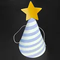 Cappello per feste a righe bianche e blu con stella gialla per compleanni bambini. - Cappello A Stella A Righe Blu [10 Pezzi/set] / Confezione Da 6 [6 Corde Elastiche + 6 Pon-pon + 12 Punti Adesivi]