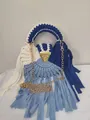 Handmade blue and white crochet shoulder bag featuring long tassels and gold chain - Blue & White Mix (Color 9) / 22cm x 19cm x 3cm
