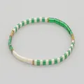 Bohemian Tila bead elastic bracelet with green and white color-block glass beads - White/Green/Gold
