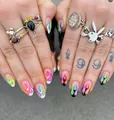 Lange Mandel-Drucknägel mit lebhaften Regenbogen-Flammenmustern für trendige Frauen - Bz1478#perfekt / Handgefertigte Nagelkunst Größe Xs (10 Stück)
