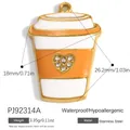Stainless steel coffee cup enamel pendant with heart rhinestones for DIY jewelry - Orange White Coffee Cup (PJ92314A)