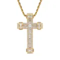 Collar con colgante de cruz dorada para hombre con tres hileras de circonitas brillantes - (estilo 3) Color Dorado + Cadena Trenzada De 60 Cm