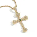 Cruz hip hop dorada con piedra de corazón verde y 3 filas de circonitas - (estilo 12) Color Dorado + Cadena Trenzada De 60 Cm