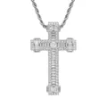 Collar de cruz de plata para hombre con tres filas de piedras de circonita cúbica - (estilo 3) Plata + Cadena Trenzada De 60 Cm
