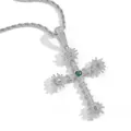 Colgante de cruz hip hop plateado con circonitas y piedra central de corazón verde - (estilo 12) Plata + Cadena Trenzada De 60 Cm