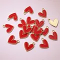Close-up of red enamel heart charms with gold beaded borders for DIY jewelry - Aj5-04 (16x13mm 0.8g)