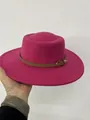 Magenta felt fedora hat featuring a brown leather decorative band with a gold buckle - S Rose Red / 56-58cm