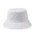 Chapeau cloche en coton blanc avec strass scintillants pour femme style Y2K tendance - Ajustable (55-59 cm) / Blanc avec strass blancs