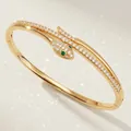 Exquisite gold-tone snake bangle with pavé crystals and green stone eyes for party - Gold Snake Bangle with Green Eyes BS-J5513G