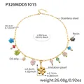 Detailed view of colorful stainless steel necklace with resin mushroom and flower charms - P326 - Diy Gold Flower Pendant Necklace 50+5cm