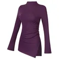 Dettaglio top yoga viola a lupetto con arricciatura laterale e orlo asimmetrico - S / Viola Scuro