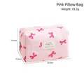 Trousse à maquillage rose matelassée avec nœuds mignons et grande capacité de voyage - Sac en Forme d'Oreiller à Nœud Rose