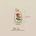 Gold-plated oval pendant with hand-painted pink rose enamel design and size dimensions - Rose Pendant
