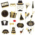 Variety of 2027 New Year photo booth props with gold glitter and black paper cutouts - New Year Black Gold Style