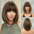 Short straight bob wig with bangs in tea brown with blonde highlights for women - Honey Brown_31cm