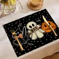Διακοσμητικό σουπλά Halloween με φάντασμα, κολοκύθα και γάτα σε κομψό μαύρο φόντο. - 30*45cm / Στυλ Πουά Μαύρη Γάτα Φάντασμα (HTP006)