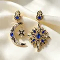 Vintage asymmetric moon and starburst dangle earrings with deep blue crystals and rhinestones - Blue Star Moon Asymmetric Earrings (2607119)