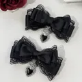 Gothic black lace bow hair clip set with black heart pendant for women accessories - Black