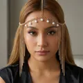 Elegante catena per capelli bohémien dorata con perle e frange di nappe a più strati - Stile nappa