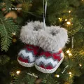Handgemaakte rood-grijs gebreide kerstlaars met rand van imitatiebont en afmetingen - Gestreept Golfpatroon Stijl (2) / Rood Wit Grijs