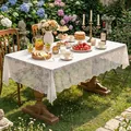 Elegant white floral lace embossed polyester tablecloth for rectangular dining tables - 135*100cm (125g) / Secret Floral-Off-White