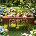 Brown American-style lace tablecloth with floral patterns in an outdoor garden setting. - 135*100cm / Secret Floral-Brick Red