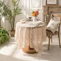 Elegant beige floral lace tablecloth with ruffled edges for home dining table decor - 140*100cm / Whispering Floral Ruffle Edge - Beige Coffee