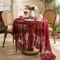Elegant burgundy lace tablecloth with vintage floral pattern for round dining table decor - 140*100cm / Whispering Floral Ruffle Edge - Red