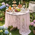 Elegant light pink floral lace tablecloth for romantic garden tea party decor. - 140*100cm / Whispering Floral Ruffle Edge - Pink