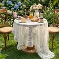 Elegant white lace tablecloth with embossed floral pattern for outdoor garden tea table - 140*100cm / Whispering Floral Ruffle Edge - Off-White