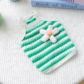 Green and white striped knitted pet vest with flower detail for small dogs and cats - Summer Floral Vest - Green And White