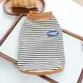 Cozy black and white striped pet vest with brown ribbed trim for small dogs and cats - Retro Tank Top - Thin Brown Stripes