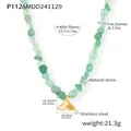Detail view of green natural stone necklace with gold fishtail pendant and dimensions. - P1126 - Dolphin Pendant Green Strawberry Necklace