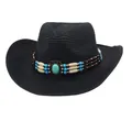 Black Western cowboy straw hat with ethnic turquoise beaded band decoration - Black [beige Stripes With Blue Beads] / One Size Fits All