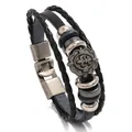 Vintage punk style black leather bracelet with braided layers and fleur-de-lis ornament - Petal-Shaped