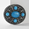 Western vintage ovale riemgesp met turquoise inlegwerk en bloemengravure voor dames - Rattelslang Amerika Nostalgische Stijl (05)