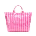 Pink and light pink vertical striped transparent tote bag with white TOTE BAG print - Letter Pink