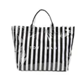 Black and white vertical striped tote bag with glossy finish and top handles - Mea Culpa Black White