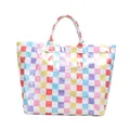 Trendy colorful checkered tote bag featuring white 'TOTE BAG' letters and glossy finish - Letter Grid