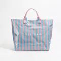 Stylish striped pink and blue transparent tote bag for women with TOTE BAG lettering - Letter Blue Pink