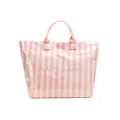 Large pink and white striped transparent PVC tote bag with white TOTE BAG lettering - Beige Pink Letters