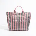 Pink and grey striped tote bag with transparent coating and "TOTE BAG" print. - Letter Green Pink