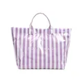 Stylish purple and white striped glossy tote bag with white TOTE BAG lettering - Purple And White Letters