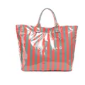 Transparent striped tote bag with red and green vertical patterns and sturdy top handles. - Orange-green Letters