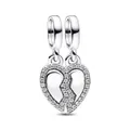 Silver plated interlocking heart charms with pavé cubic zirconia for DIY charm bracelets - Splittable Heart Style (CUT1209)